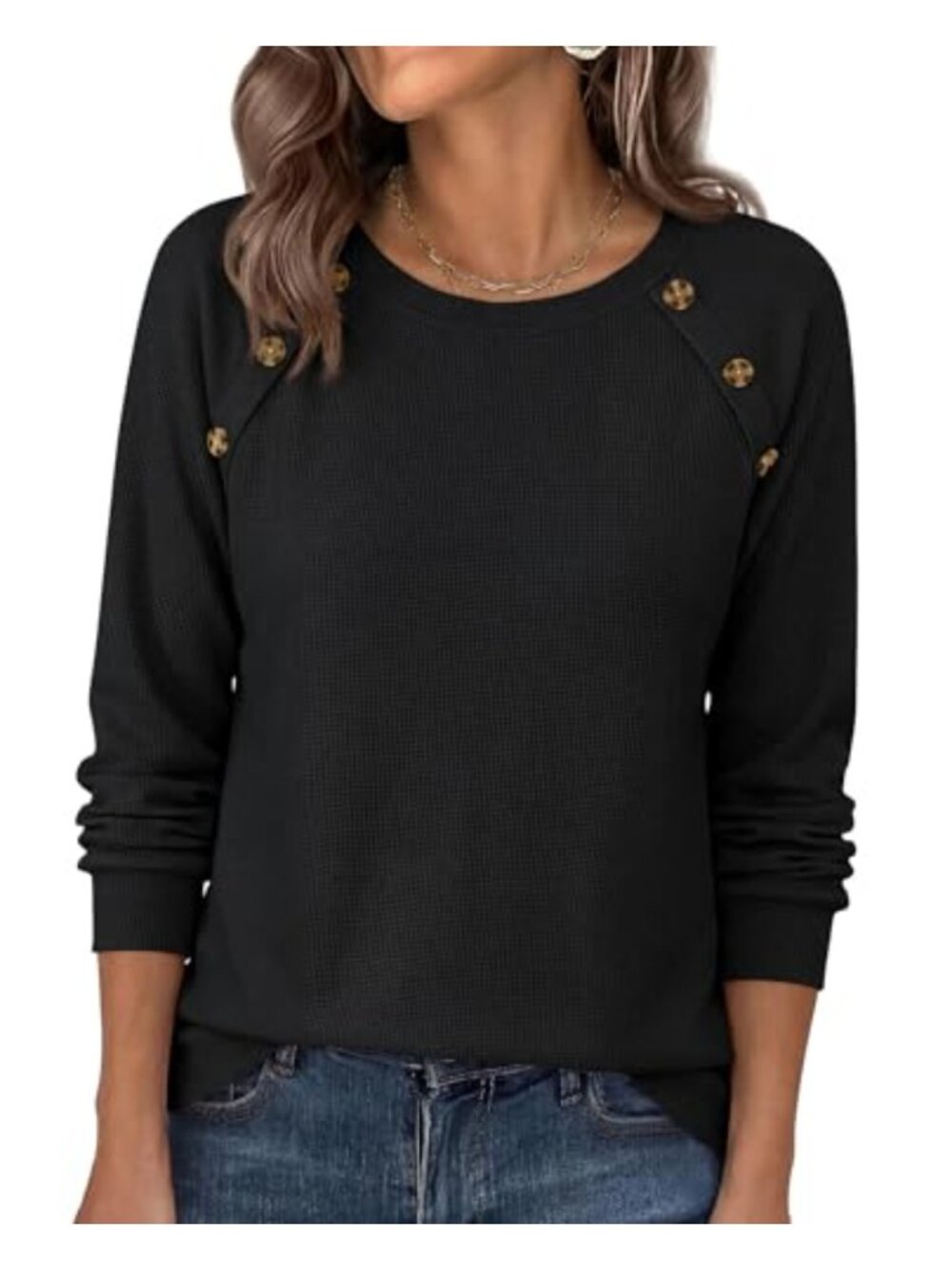 Waffle Knit Long Sleeve Raglan Crew Neck Top Deco Buttons
